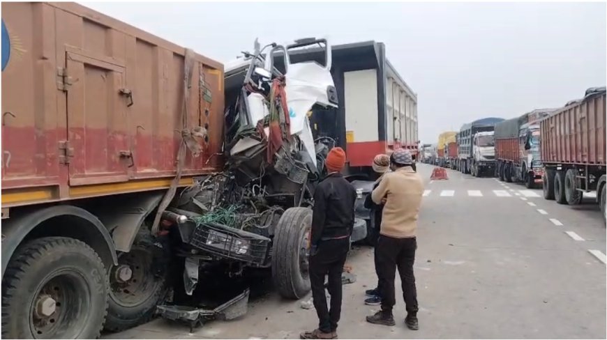 गिधा के पास फोरलेन पर हाईवा–ट्रक की भीषण टक्कर, चालक गंभीर रूप से घायल